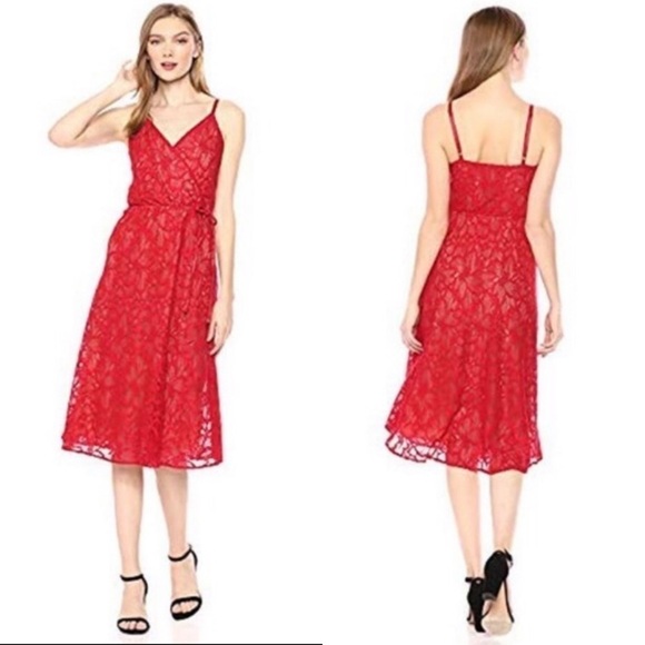 NWOT Ali & Jay Women's Faux Wrap Contrast Red Lace Fit & Flare Midi Dress size L - Picture 1 of 15